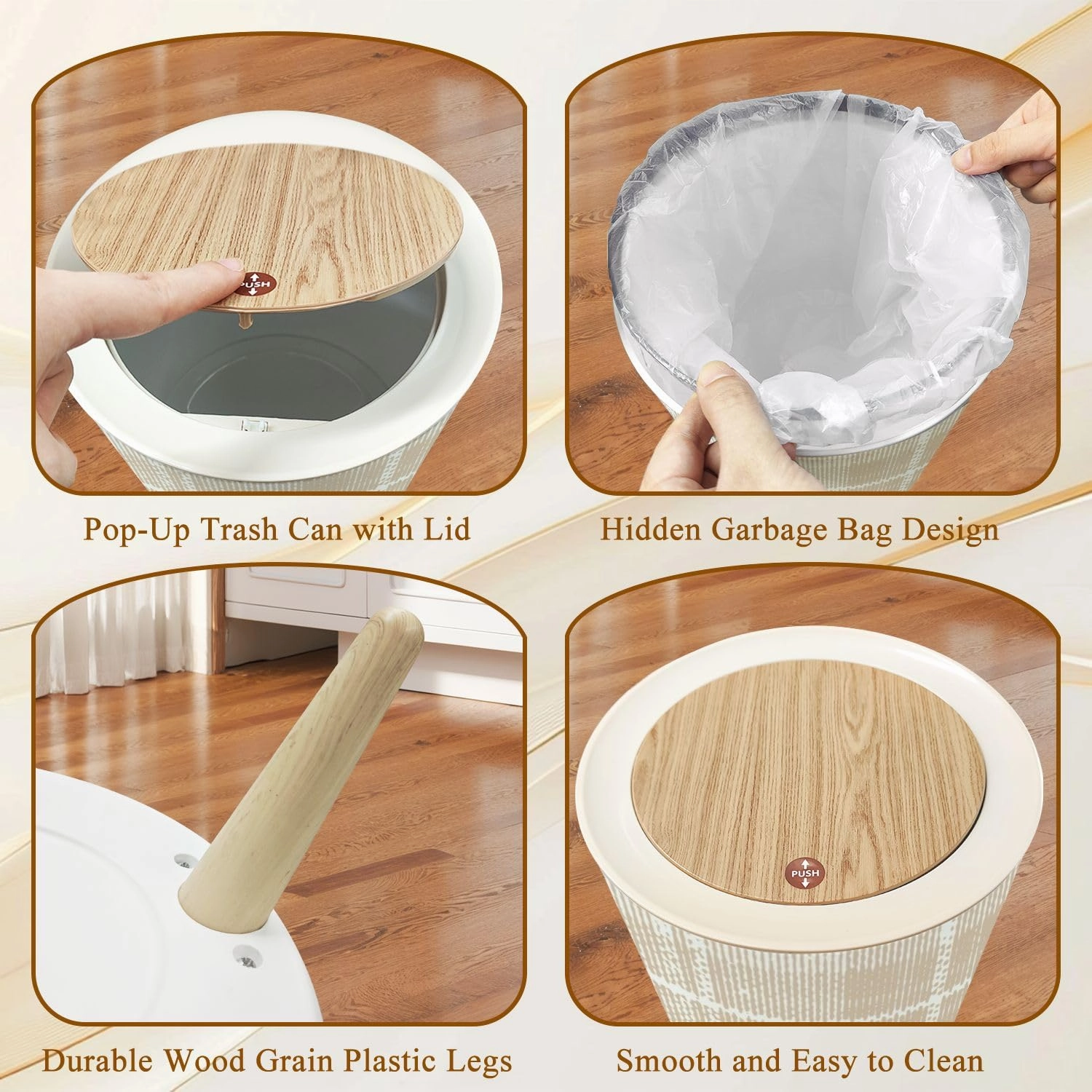 Trash Can with Lid Camel beige trend seamless lines plaid washed texture seamless design Garbage Can Round Waste Bin Press Cover Dog Proof Wastebasket for Bathroom Kitchen Living Room Office 1.8 Gal