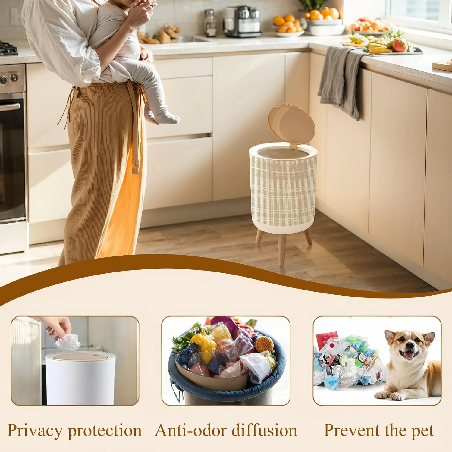 Trash Can with Lid Camel beige trend seamless lines plaid washed texture seamless design Garbage Can Round Waste Bin Press Cover Dog Proof Wastebasket for Bathroom Kitchen Living Room Office 1.8 Gal