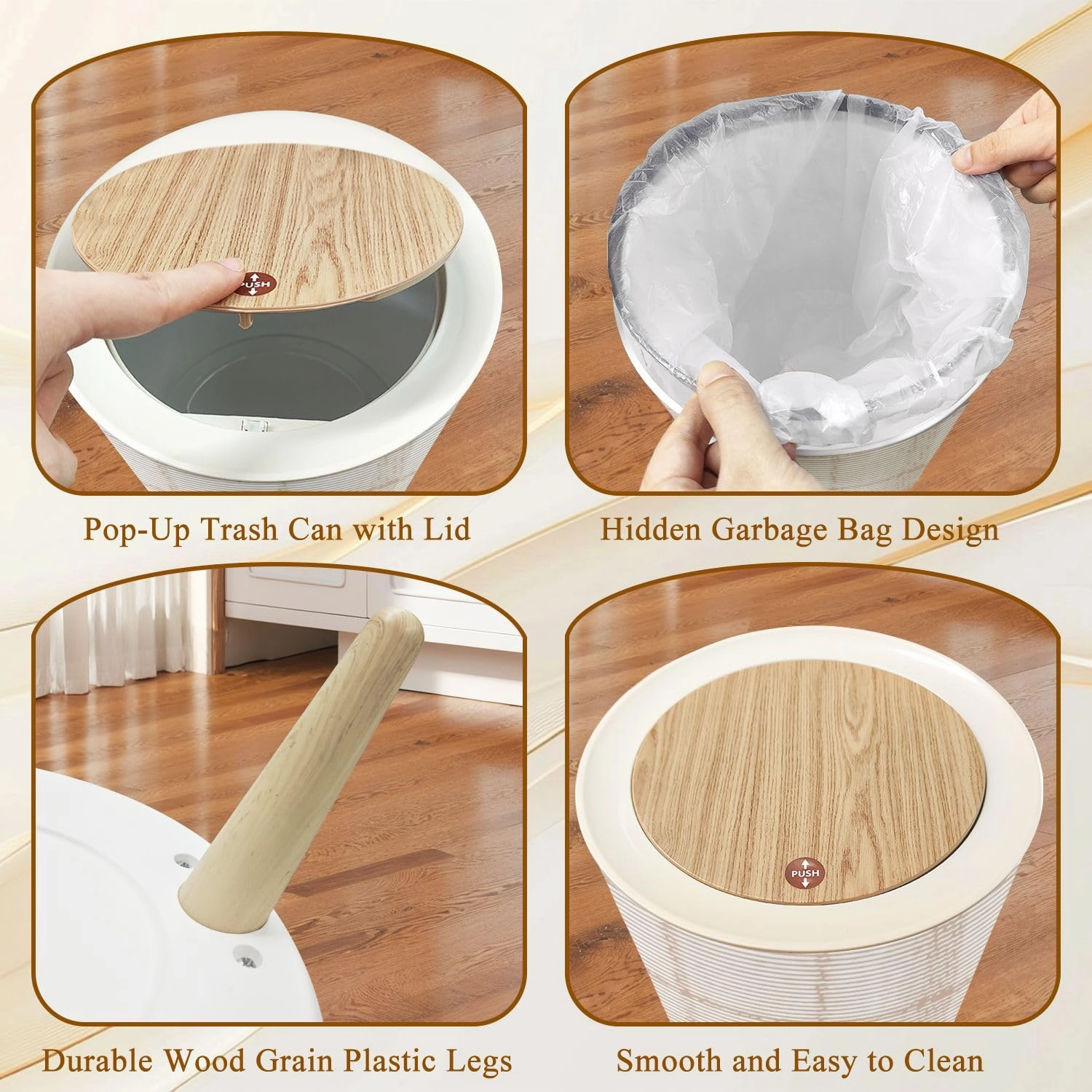 Trash Can with Lid Camel beige trend seamless lines plaid washed texture seamless design Garbage Can Round Waste Bin Press Cover Dog Proof Wastebasket for Bathroom Kitchen Living Room Office 1.8 Gal