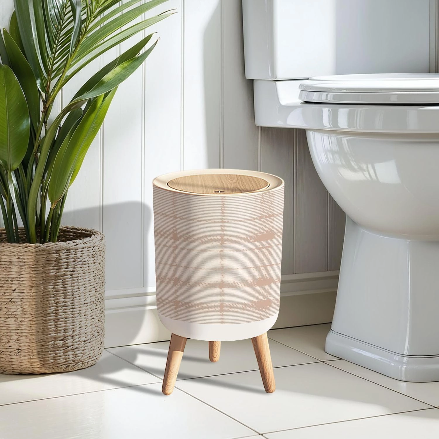 Trash Can with Lid Camel beige trend seamless lines plaid washed texture seamless design Garbage Can Round Waste Bin Press Cover Dog Proof Wastebasket for Bathroom Kitchen Living Room Office 1.8 Gal