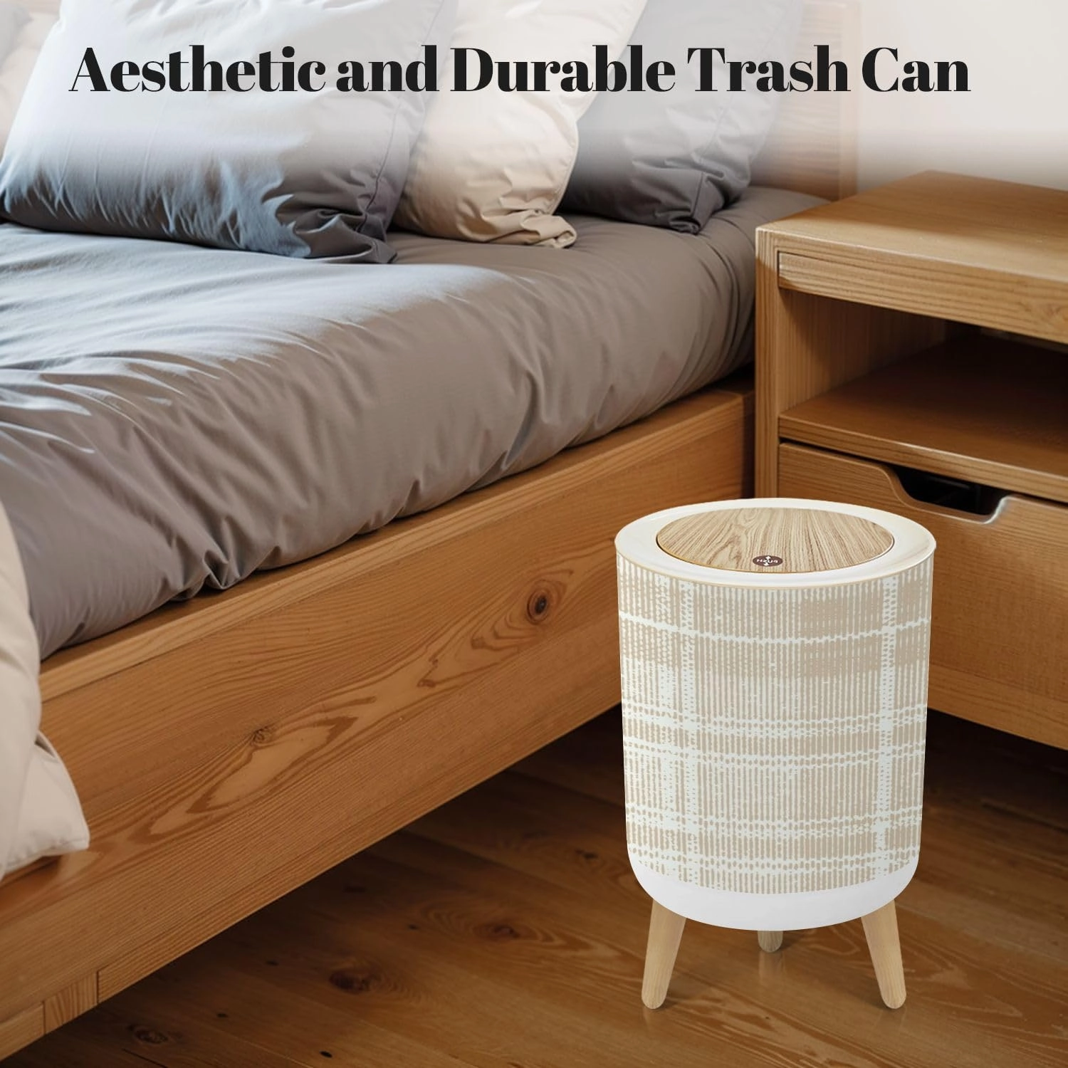 Trash Can with Lid Camel beige trend seamless lines plaid washed texture seamless design Garbage Can Round Waste Bin Press Cover Dog Proof Wastebasket for Bathroom Kitchen Living Room Office 1.8 Gal
