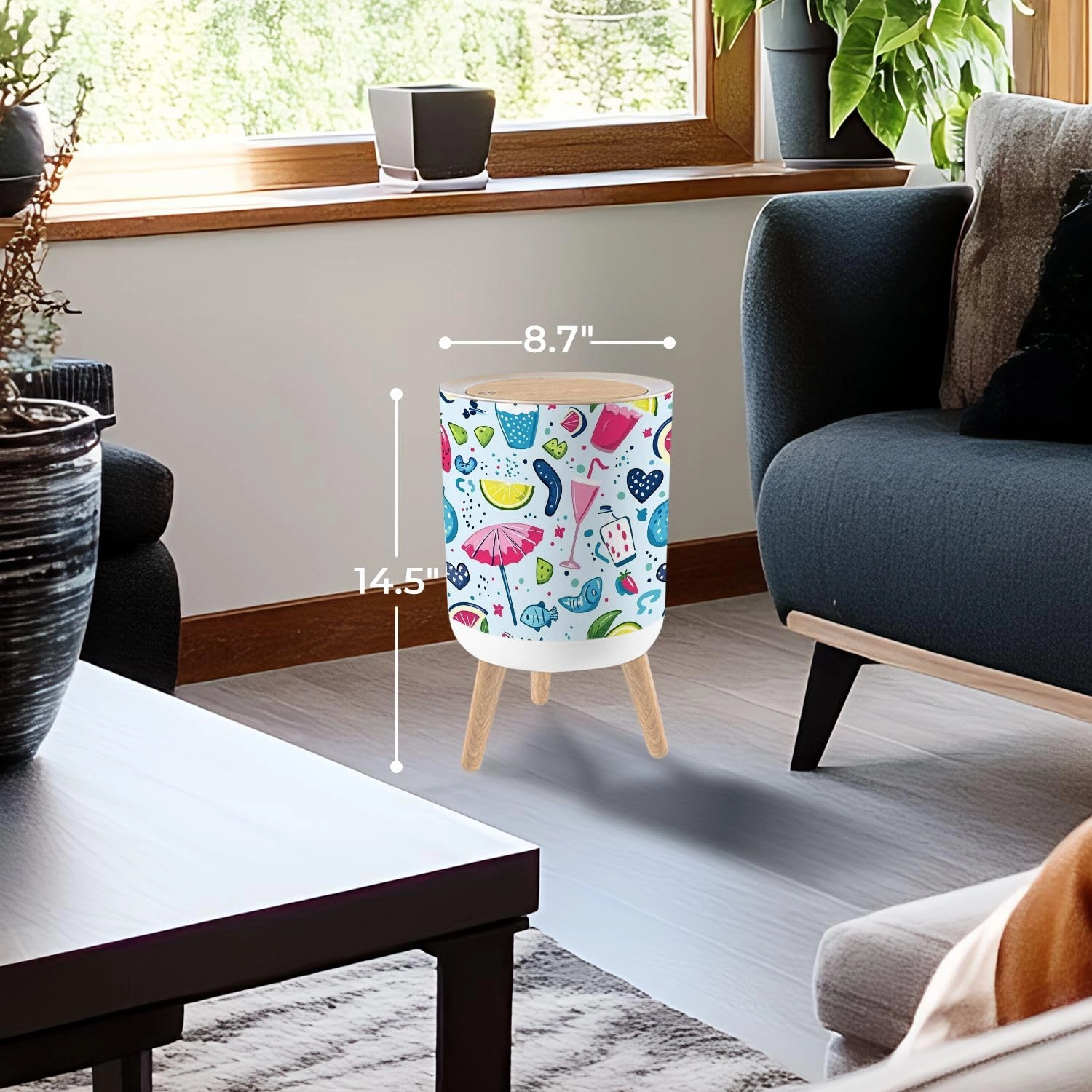 Trash Can with Lid Lettering love Summer pattern ice cream flip flops umbrellas hearts Garbage Can Round Waste Bin Press Cover Dog Proof Wastebasket for Kitchen Bathroom Living Room Nursery 1.8gal