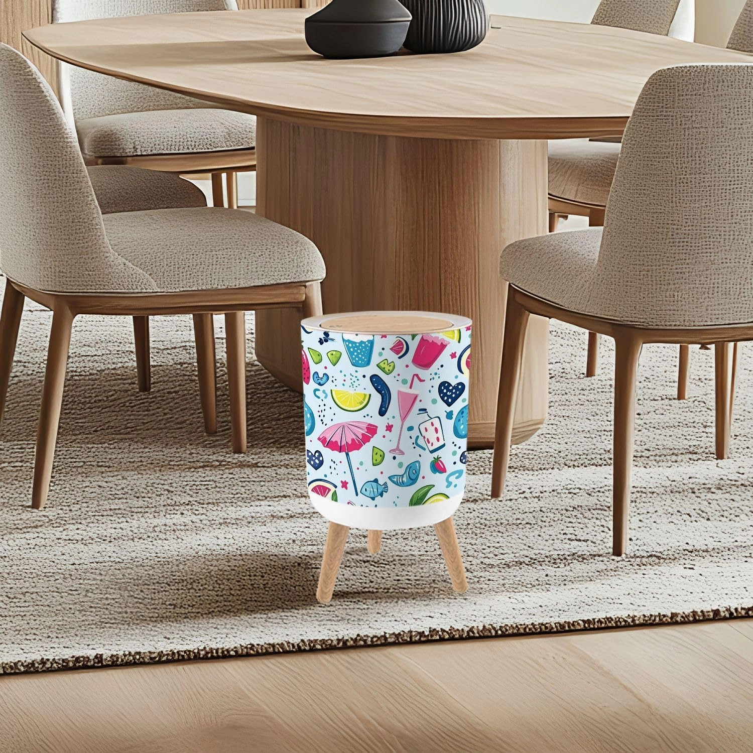 Trash Can with Lid Lettering love Summer pattern ice cream flip flops umbrellas hearts Garbage Can Round Waste Bin Press Cover Dog Proof Wastebasket for Kitchen Bathroom Living Room Nursery 1.8gal