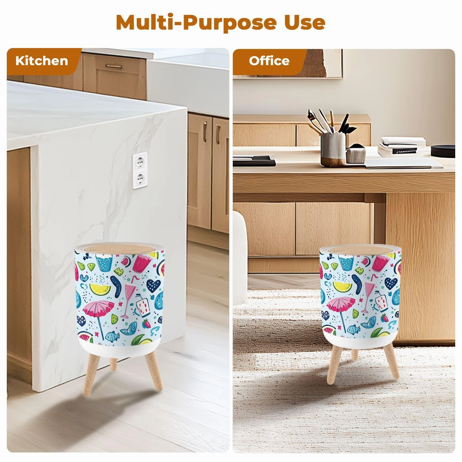 Trash Can with Lid Lettering love Summer pattern ice cream flip flops umbrellas hearts Garbage Can Round Waste Bin Press Cover Dog Proof Wastebasket for Kitchen Bathroom Living Room Nursery 1.8gal