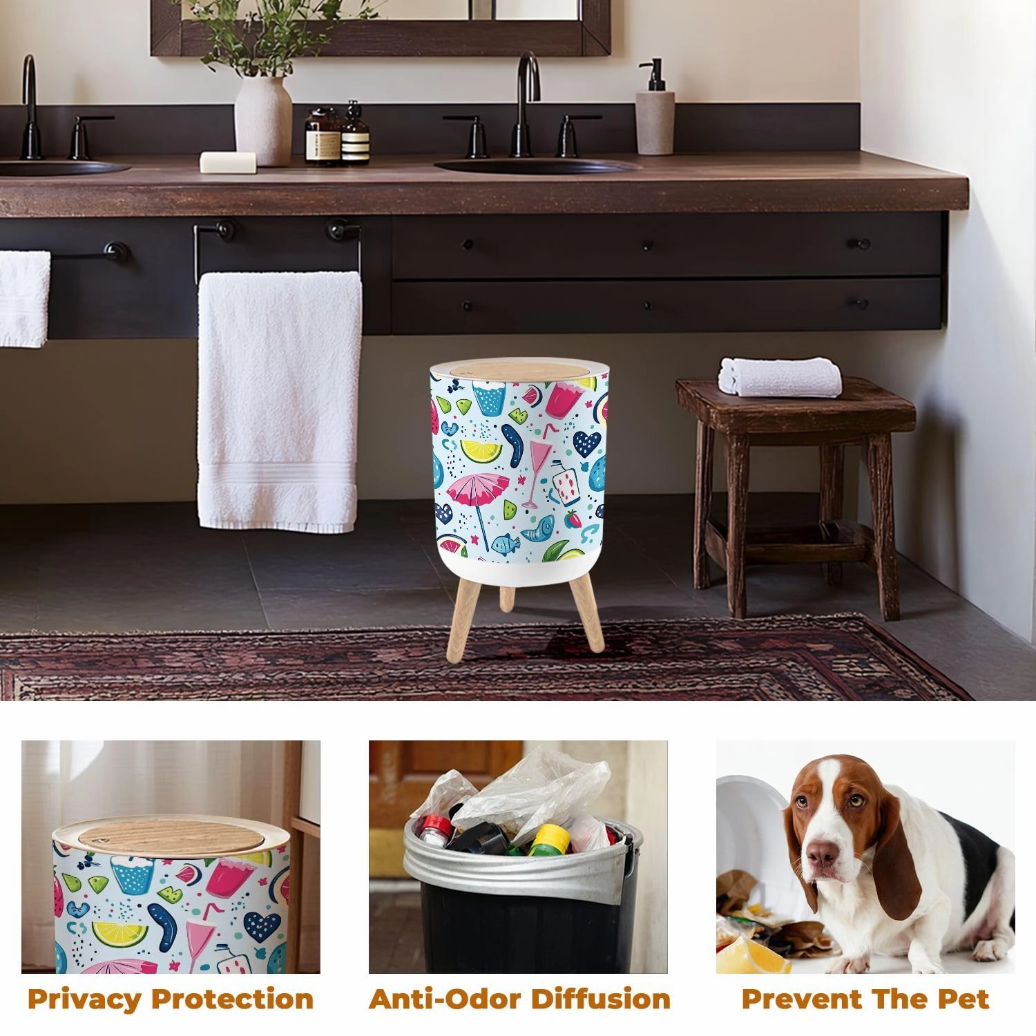 Trash Can with Lid Lettering love Summer pattern ice cream flip flops umbrellas hearts Garbage Can Round Waste Bin Press Cover Dog Proof Wastebasket for Kitchen Bathroom Living Room Nursery 1.8gal