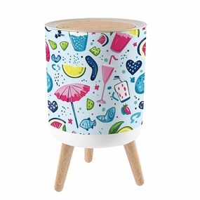 Trash Can with Lid Lettering love Summer pattern ice cream flip flops umbrellas hearts Garbage Can Round Waste Bin Press Cover Dog Proof Wastebasket for Kitchen Bathroom Living Room Nursery 1.8gal