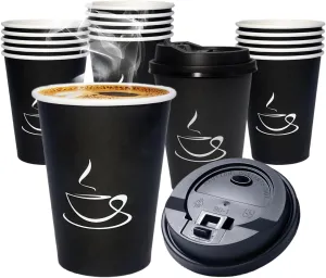 TreeMVI-50 Pack 12oz Coffee Cups with Lids: Disposable Black Coffee Cup Sturdy to Go Leak-Proof Paper Containers Set for Hot and Cold Beverage, Home, Office, Party