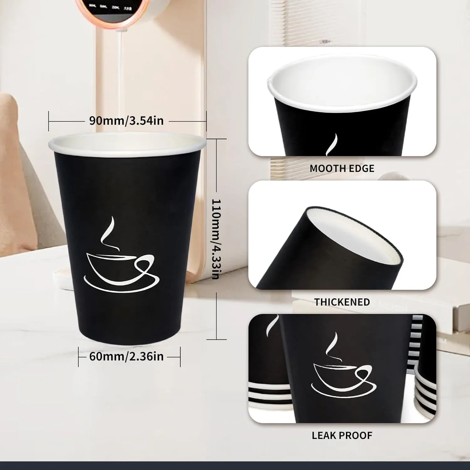 TreeMVI-50 Pack 12oz Coffee Cups with Lids: Disposable Black Coffee Cup Sturdy to Go Leak-Proof Paper Containers Set for Hot and Cold Beverage, Home, Office, Party