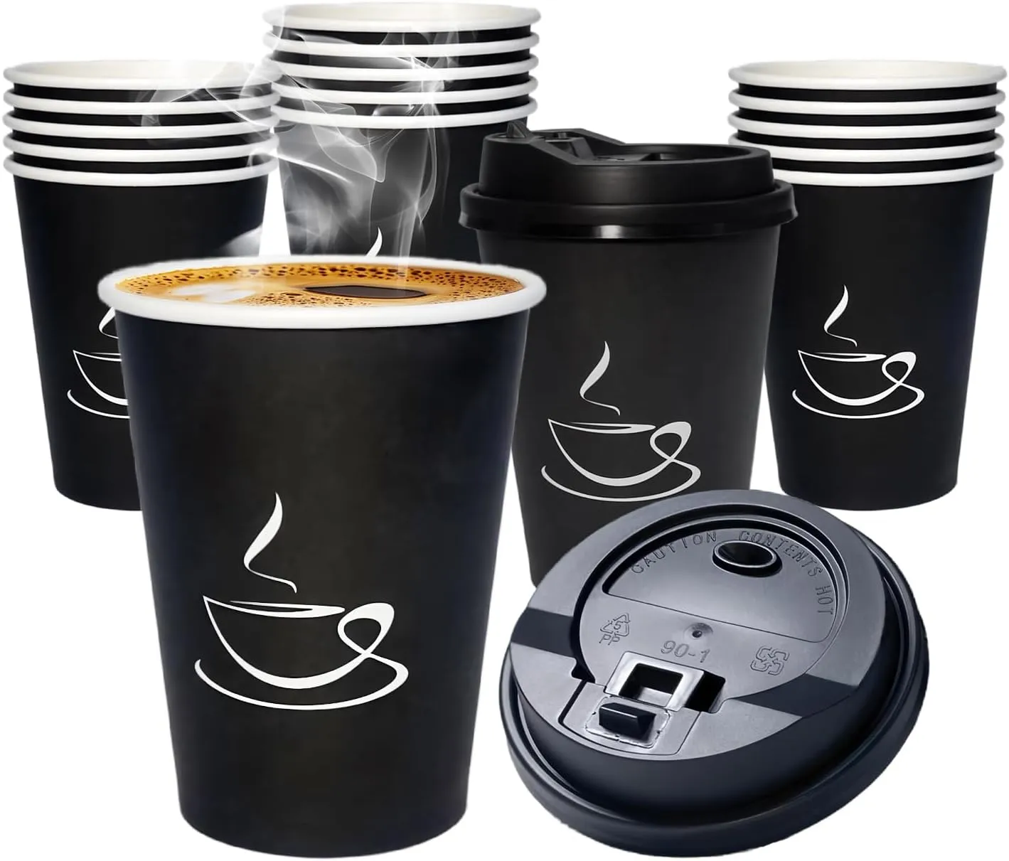 TreeMVI-50 Pack 12oz Coffee Cups with Lids: Disposable Black Coffee Cup Sturdy to Go Leak-Proof Paper Containers Set for Hot and Cold Beverage, Home, Office, Party