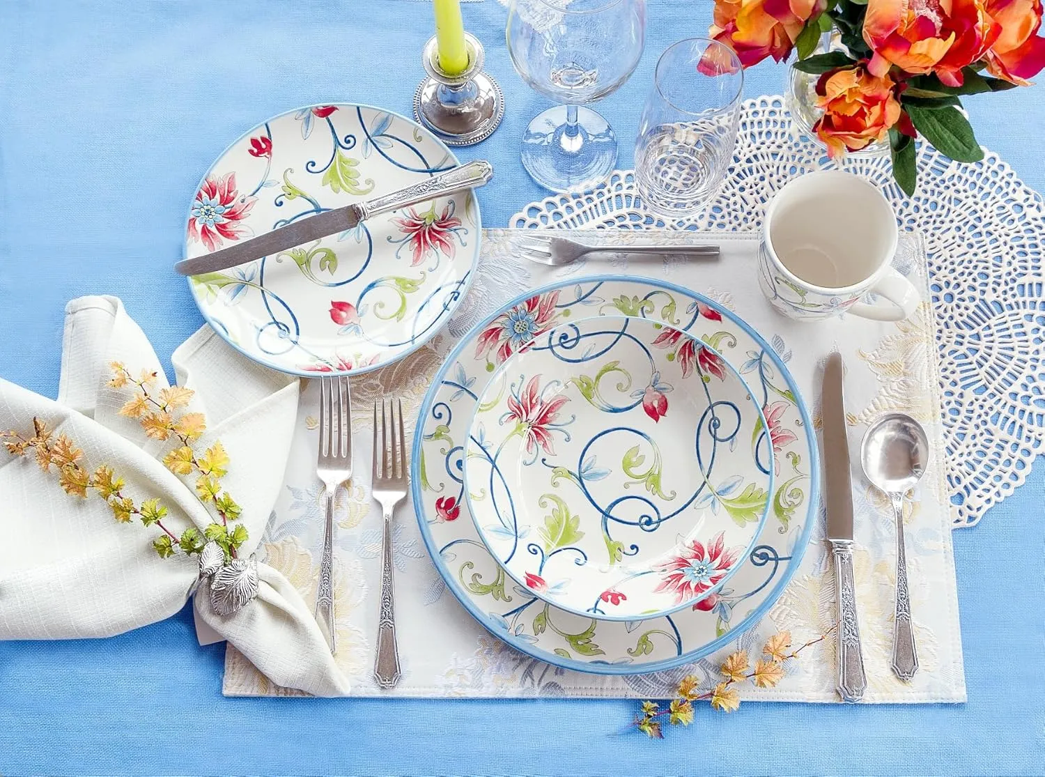 Tudor Royal 12-Piece Round Porcelain Dinnerware Set, Service for 4, Botanical Design, Summer Flowers, Plates Bowls Dishes, Glossy, Premium Quality Dish Set, Unique Pattern
