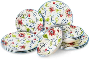 Tudor Royal 12-Piece Round Porcelain Dinnerware Set, Service for 4, Botanical Design, Summer Flowers, Plates Bowls Dishes, Glossy, Premium Quality Dish Set, Unique Pattern