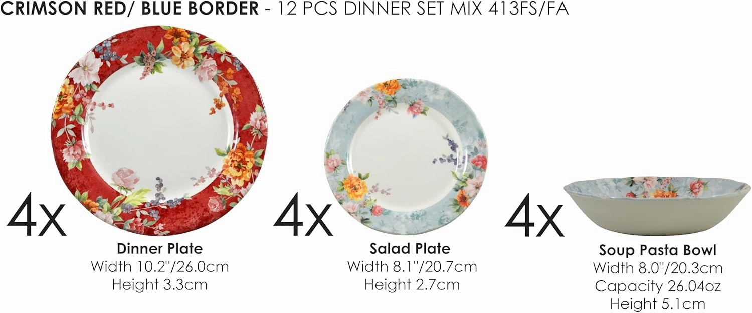 Tudor Royal 12-Piece Round Porcelain Dinnerware Set, Service for 4, Crimson Design, Summer Flowers, Plates Bowls Dishes, Glossy, Premium Quality Dish Set, Unique Pattern