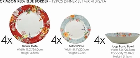 Tudor Royal 12-Piece Round Porcelain Dinnerware Set, Service for 4, Crimson Design, Summer Flowers, Plates Bowls Dishes, Glossy, Premium Quality Dish Set, Unique Pattern