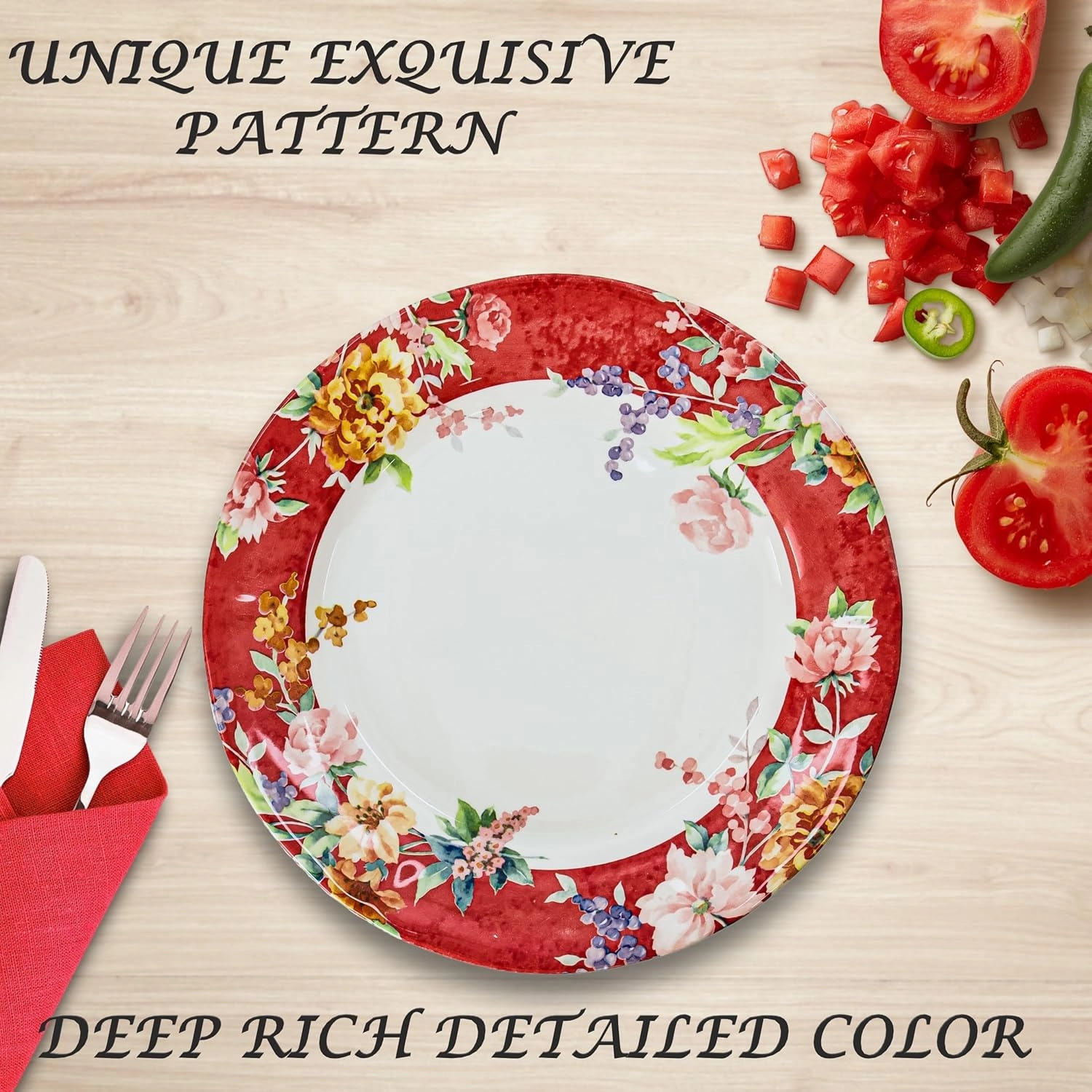 Tudor Royal 12-Piece Round Porcelain Dinnerware Set, Service for 4, Crimson Design, Summer Flowers, Plates Bowls Dishes, Glossy, Premium Quality Dish Set, Unique Pattern