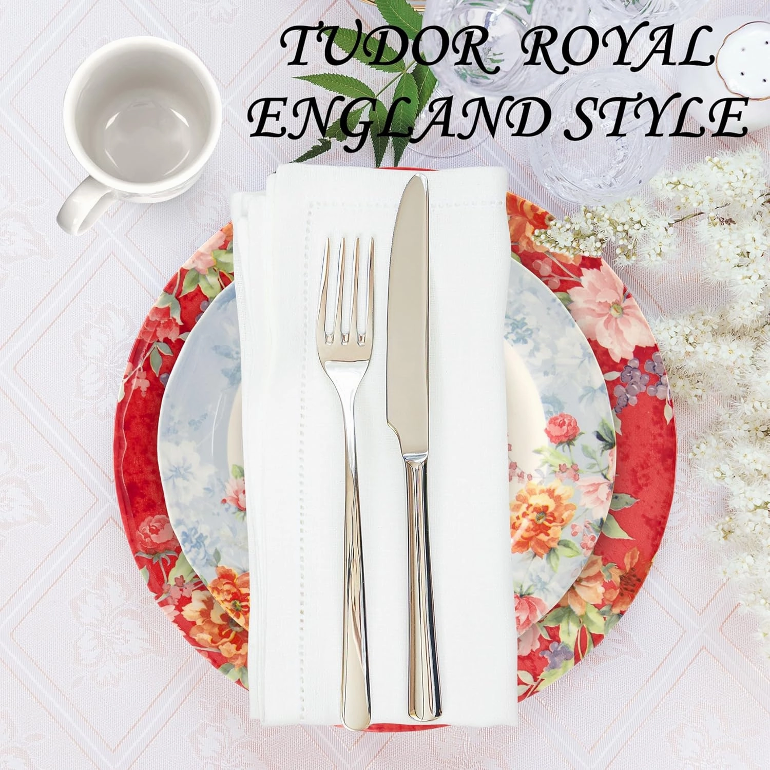 Tudor Royal 12-Piece Round Porcelain Dinnerware Set, Service for 4, Crimson Design, Summer Flowers, Plates Bowls Dishes, Glossy, Premium Quality Dish Set, Unique Pattern
