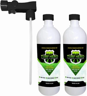 TURF HERO PET ODOR ELIMINATOR FOR ARTIFICIAL TURF. POWERFUL BIO-ENZYMATIC FORMULA ELIMINATES THE MOST OFFENSIVE ODORS ON ALL SURFACES. TWO ONE QUART BOTTLES