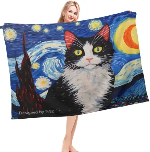 Tuxedo Cat Oil Paints Starry Night Throw Blanket, Lightweight Cozy Plush Flannel Blanket, Abstract Theme for Bed Couch Sofa Office Decor and Travel 50x60 Inch