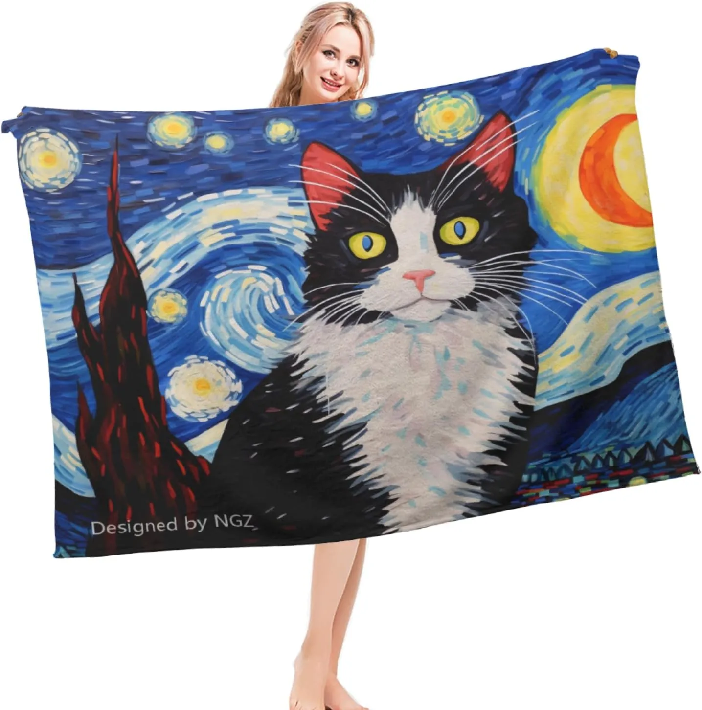 Tuxedo Cat Oil Paints Starry Night Throw Blanket, Lightweight Cozy Plush Flannel Blanket, Abstract Theme for Bed Couch Sofa Office Decor and Travel 50x60 Inch