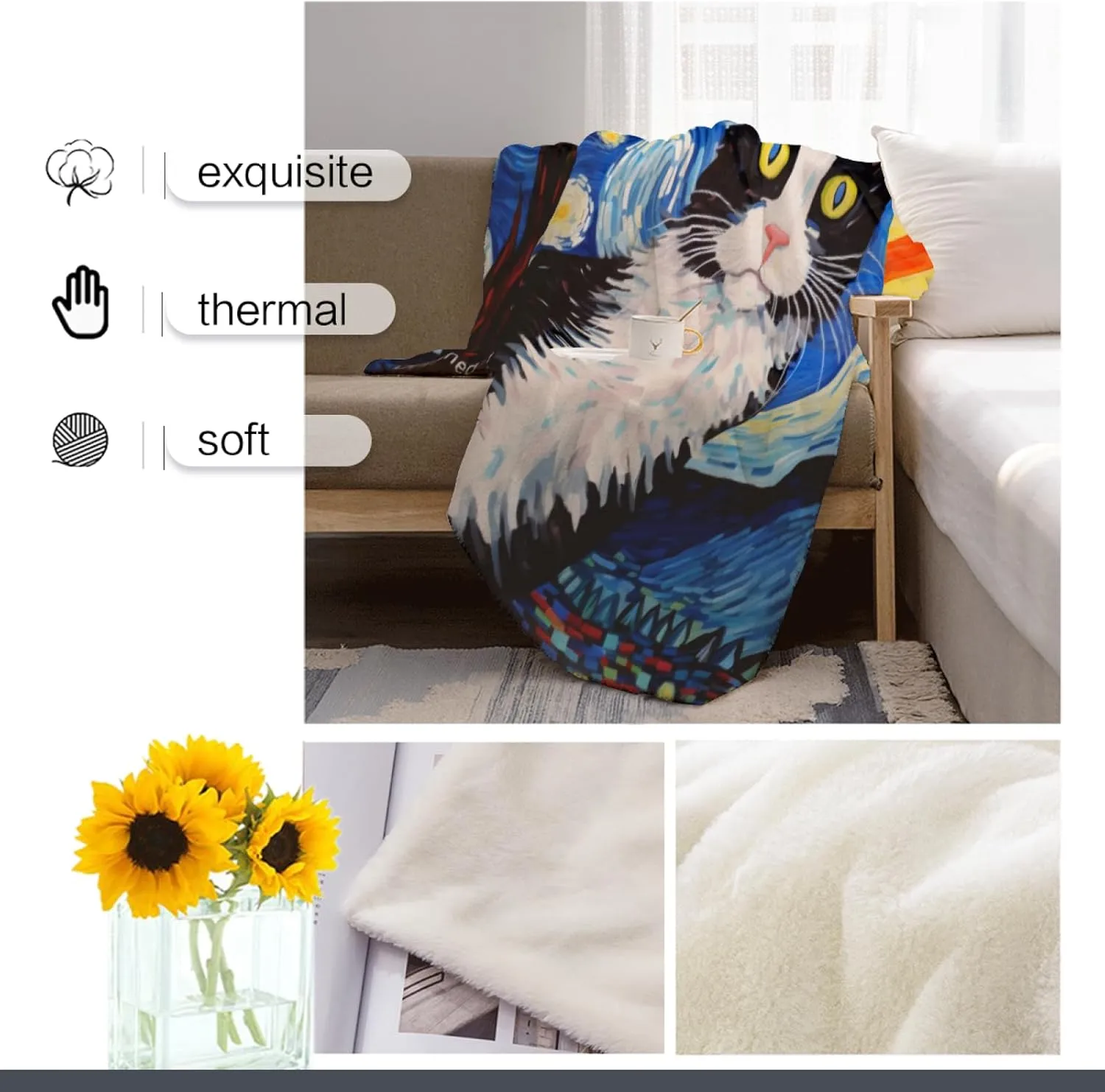 Tuxedo Cat Oil Paints Starry Night Throw Blanket, Lightweight Cozy Plush Flannel Blanket, Abstract Theme for Bed Couch Sofa Office Decor and Travel 50x60 Inch