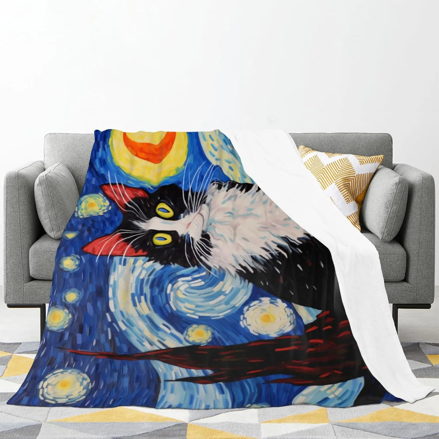 Tuxedo Cat Oil Paints Starry Night Throw Blanket, Lightweight Cozy Plush Flannel Blanket, Abstract Theme for Bed Couch Sofa Office Decor and Travel 50x60 Inch