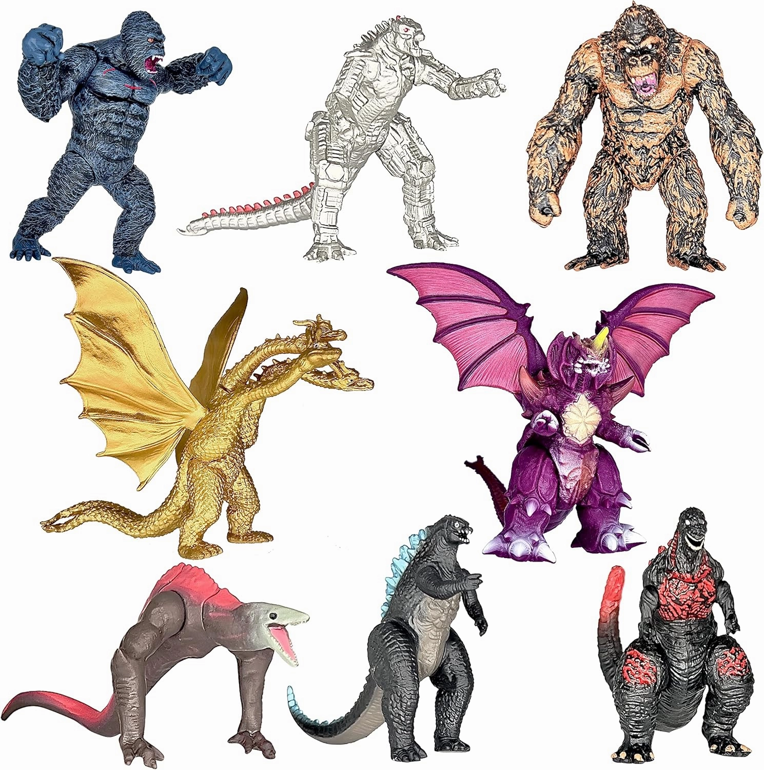 TwCare Exclusive Set of 8 Godzilla vs Kong Toys Movable Joint Action Figures, King of The Monster Dinosaur Shin Ghidorah Skull Crawler Destoroyah Mecha Mechagodzilla Cake Toppers Pack