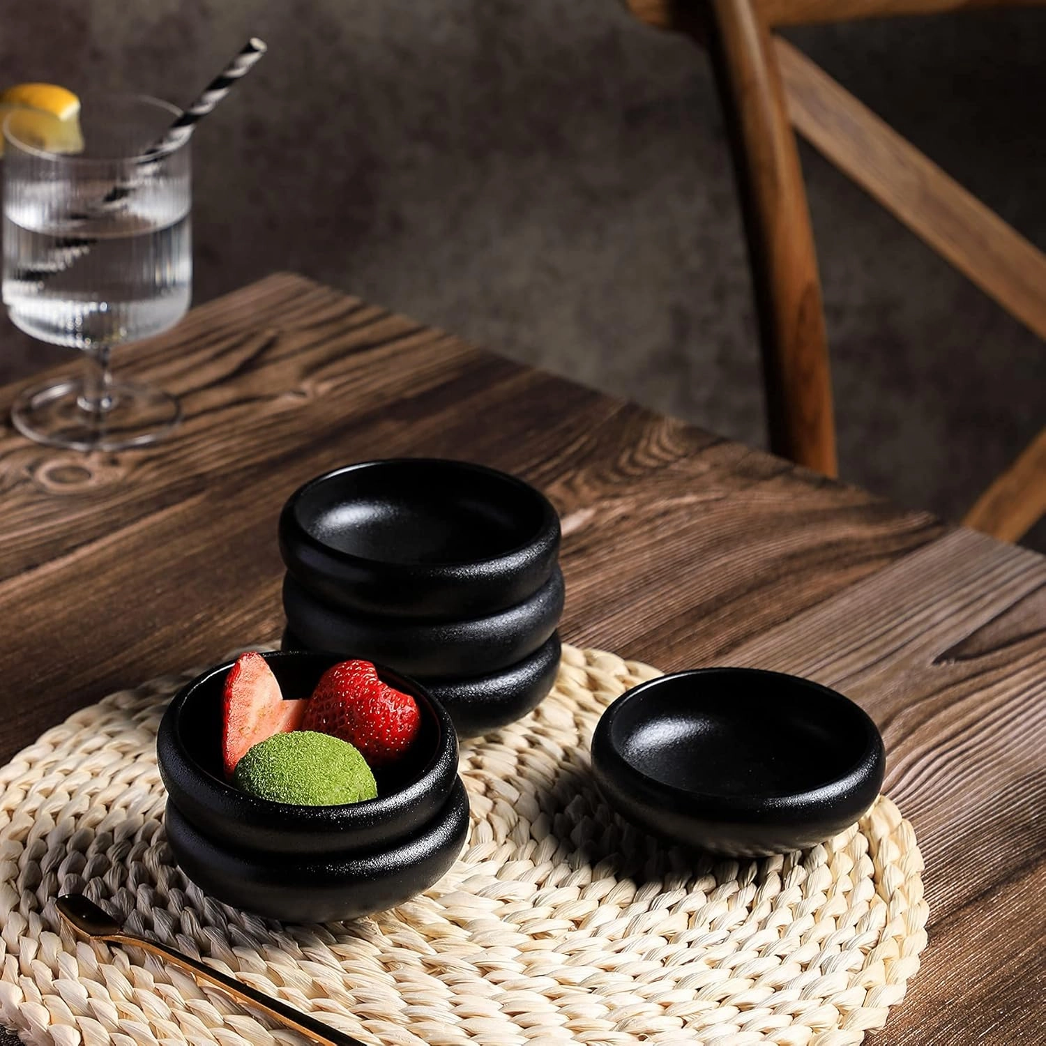Uaral Soy Sauce Dishes Sushi Dipping Bowl Pinch Bowl Stoneware Black Small Serving Dish Set 3.35 Inch(4.5 oz,Texture Black)