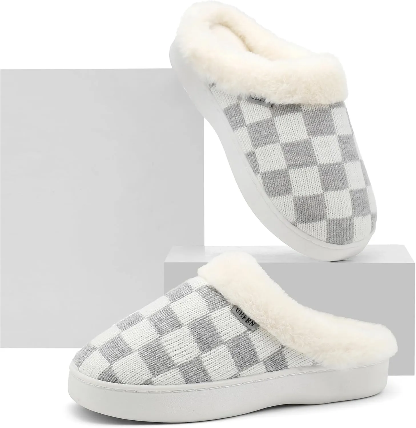UBFEN Womens Slippers Classic Plaid Winter Warm with Memory Foam Fluffy House Shoes Platform Indoor Bedroom