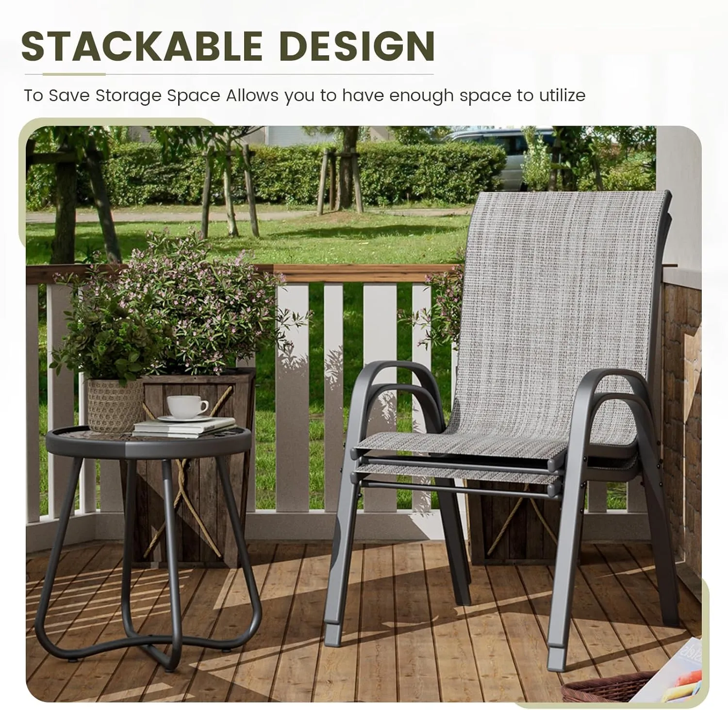 UDPATIO Patio Chairs Set of 2, Stackable Outdoor Dining Chairs for All Weather, Outdoor Furniture with Breathable Textilene Fabric, 350LBS Capacity, for Garden, Backyard, Deck (Light Grey)