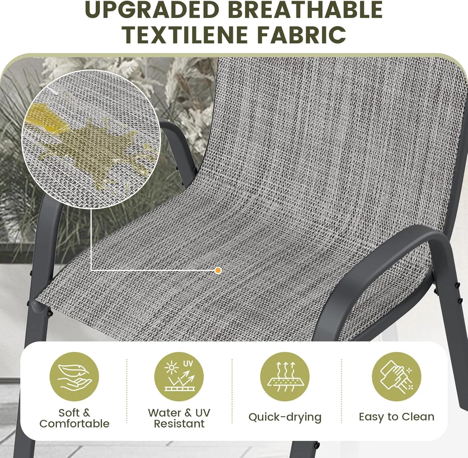 UDPATIO Patio Chairs Set of 2, Stackable Outdoor Dining Chairs for All Weather, Outdoor Furniture with Breathable Textilene Fabric, 350LBS Capacity, for Garden, Backyard, Deck (Light Grey)
