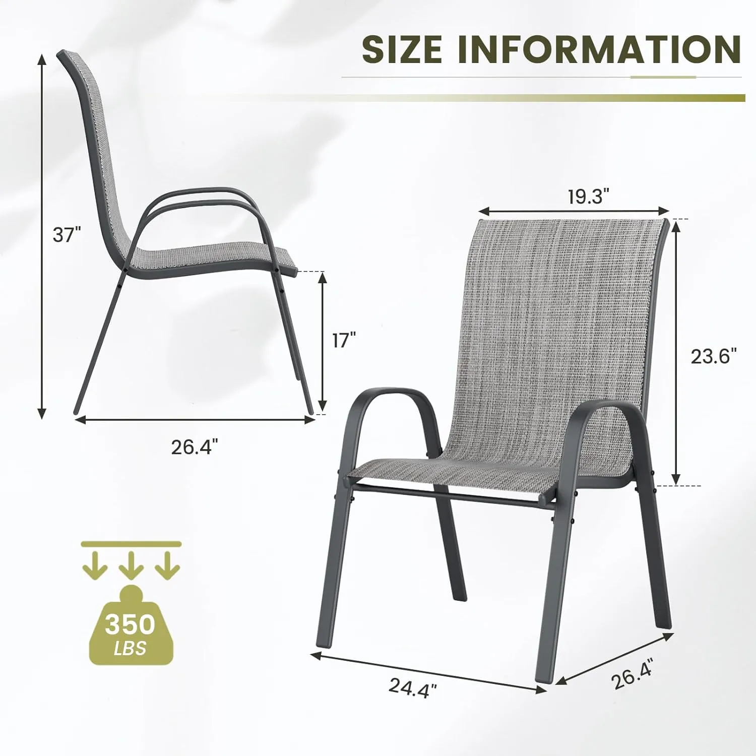 UDPATIO Patio Chairs Set of 2, Stackable Outdoor Dining Chairs for All Weather, Outdoor Furniture with Breathable Textilene Fabric, 350LBS Capacity, for Garden, Backyard, Deck (Light Grey)