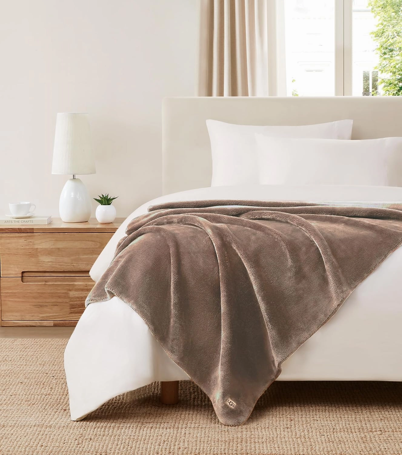 UGG Whitecap Plush Throw Blanket Fleece Lightweight Soft Cozy Throw for Couch Luxury Home Decor for Living Room Machine Washable Hypoallergenic Flannel Blankets, 50-inch x 70-inch, Light Fawn Brown