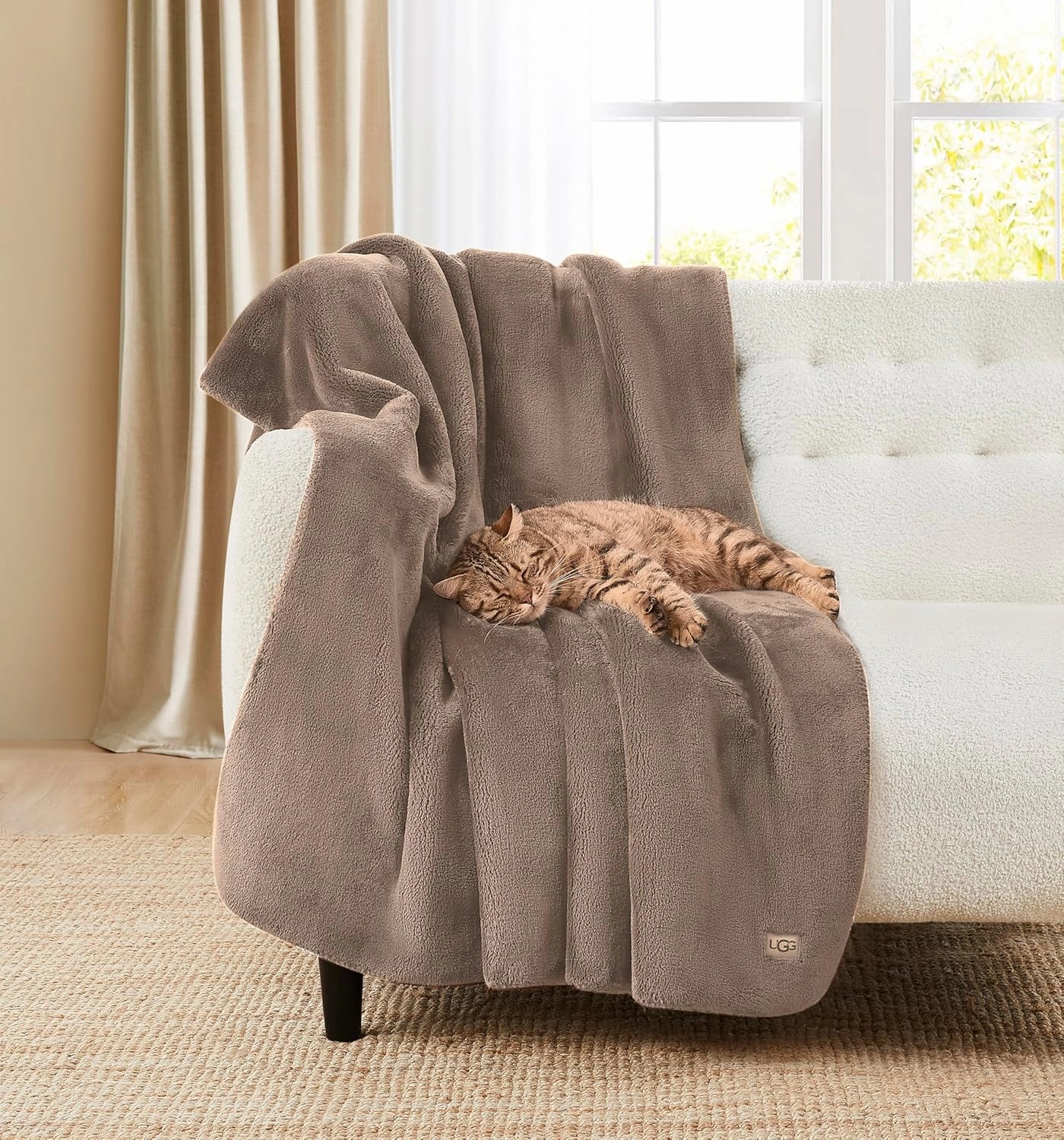 UGG Whitecap Plush Throw Blanket Fleece Lightweight Soft Cozy Throw for Couch Luxury Home Decor for Living Room Machine Washable Hypoallergenic Flannel Blankets, 50-inch x 70-inch, Light Fawn Brown