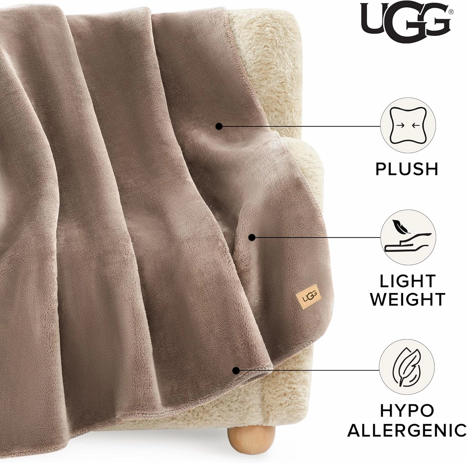 UGG Whitecap Plush Throw Blanket Fleece Lightweight Soft Cozy Throw for Couch Luxury Home Decor for Living Room Machine Washable Hypoallergenic Flannel Blankets, 50-inch x 70-inch, Light Fawn Brown