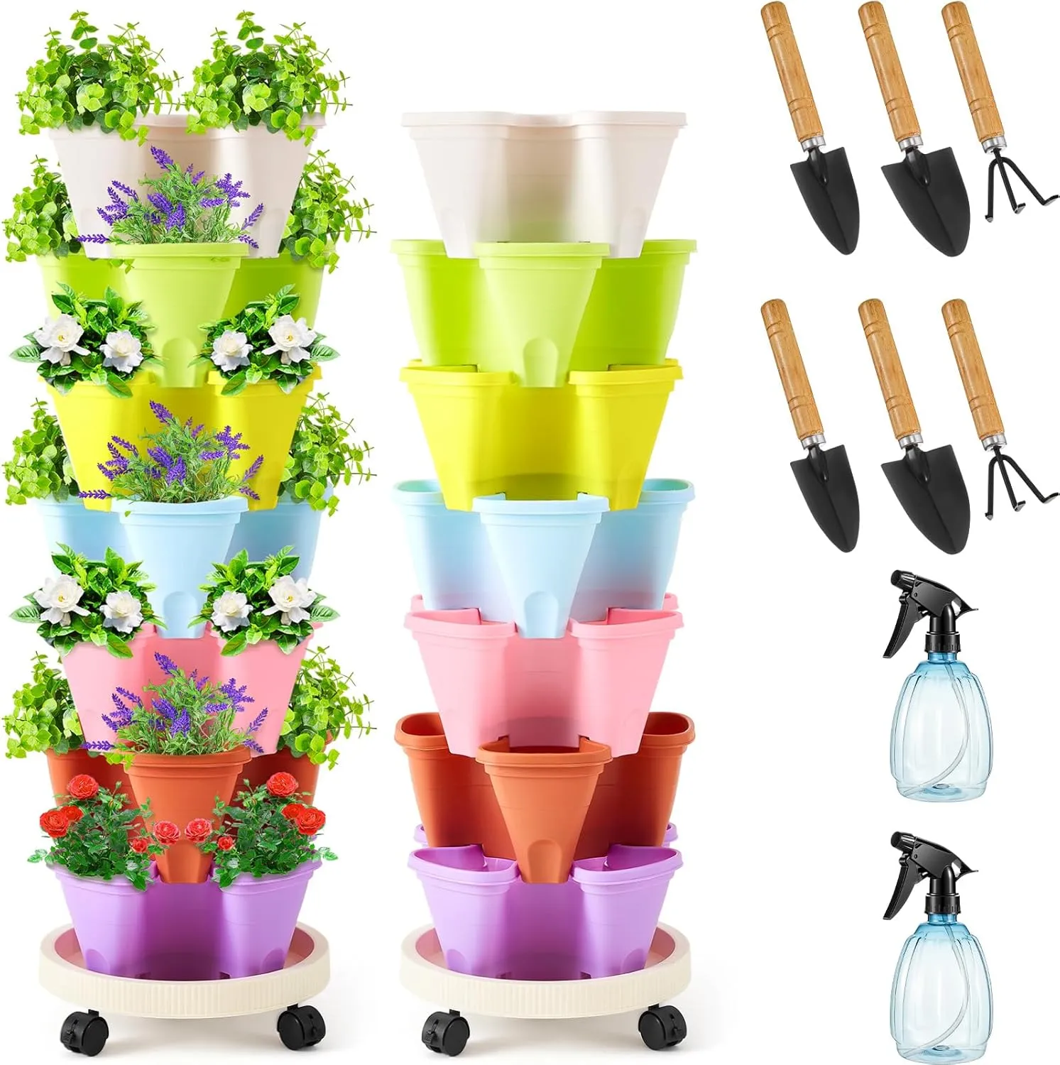 Umigy 2 Set of 7 Tier Vertical Planter Stackable Tower Planters Strawberry Herb Flower and Vegetable Pots Indoor Outdoor Gardening Pots with Removable Wheels and Tools(Macaron)