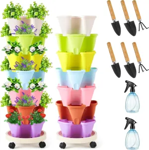 Umigy 2 Set of 7 Tier Vertical Planter Stackable Tower Planters Strawberry Herb Flower and Vegetable Pots Indoor Outdoor Gardening Pots with Removable Wheels and Tools(Macaron)