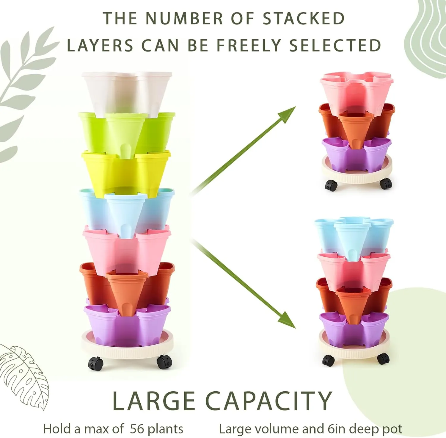Umigy 2 Set of 7 Tier Vertical Planter Stackable Tower Planters Strawberry Herb Flower and Vegetable Pots Indoor Outdoor Gardening Pots with Removable Wheels and Tools(Macaron)