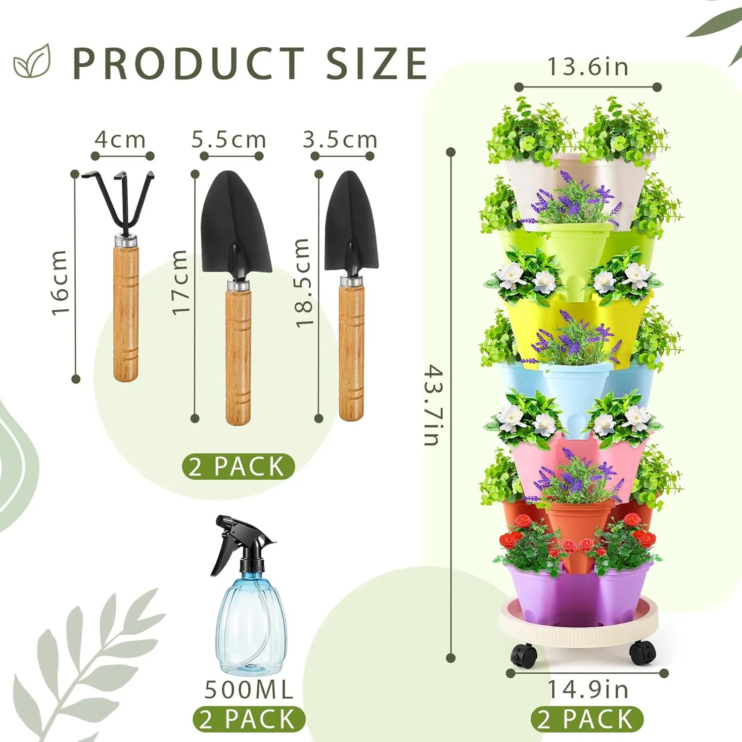 Umigy 2 Set of 7 Tier Vertical Planter Stackable Tower Planters Strawberry Herb Flower and Vegetable Pots Indoor Outdoor Gardening Pots with Removable Wheels and Tools(Macaron)