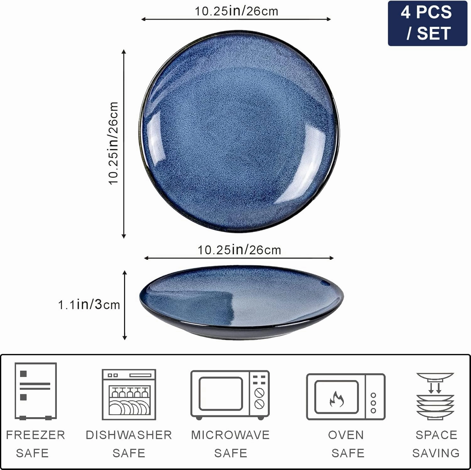 UNICASA Ceramic 10.25 Inch Dinner Plates Set, Porcelain Large Pasta Plate Set of 4, Reactive Glaze Serving Dishes for Steak, Salad, Pizza, Dishwasher & Microwave Safe (Blue)