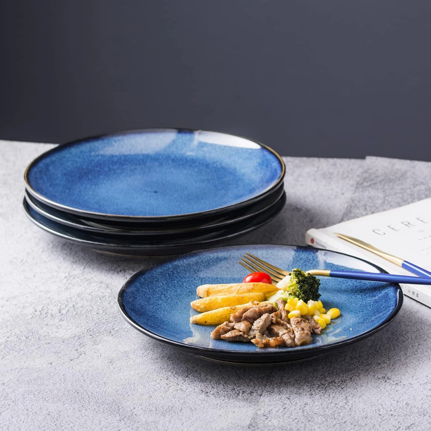 UNICASA Ceramic 10.25 Inch Dinner Plates Set, Porcelain Large Pasta Plate Set of 4, Reactive Glaze Serving Dishes for Steak, Salad, Pizza, Dishwasher & Microwave Safe (Blue)
