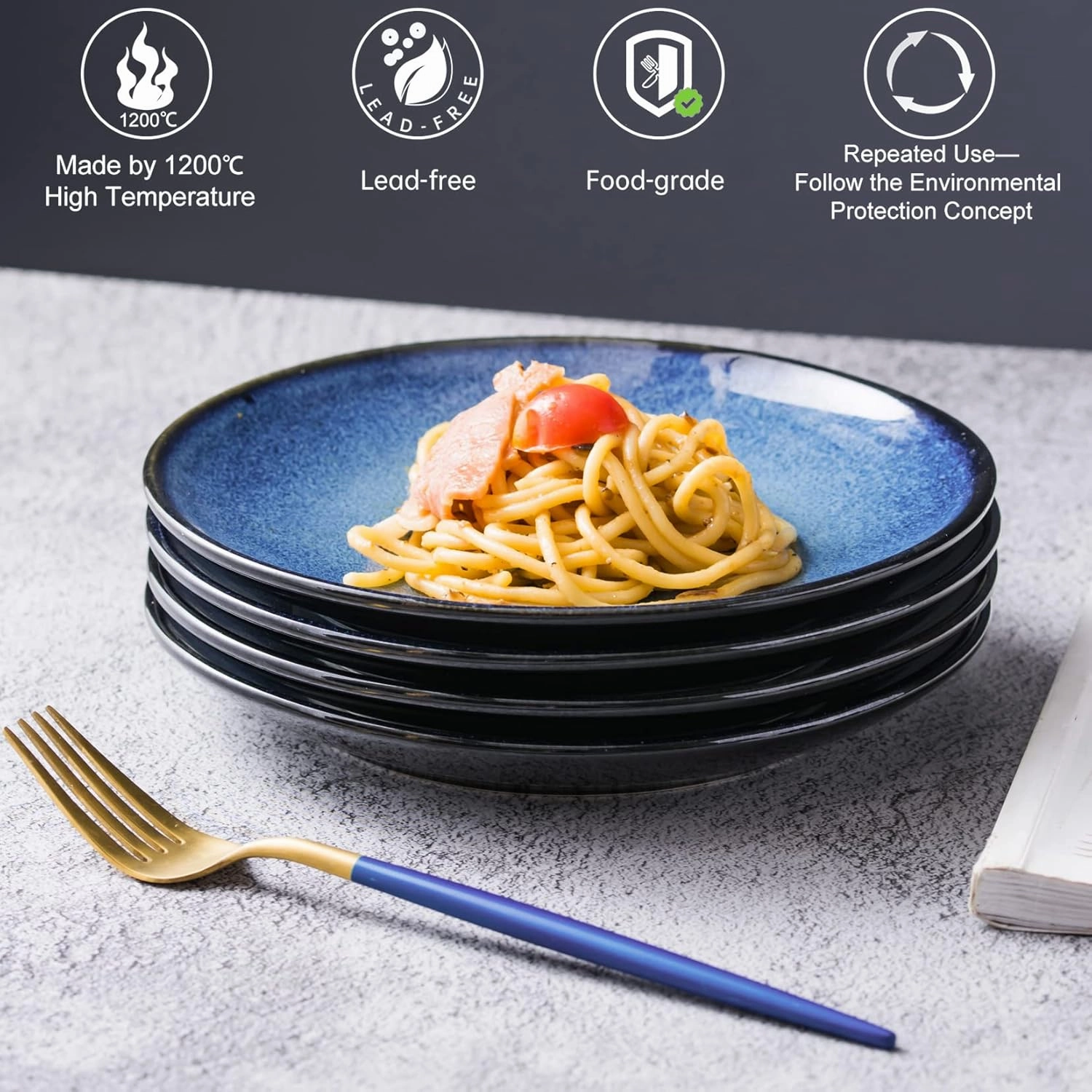 UNICASA Ceramic 10.25 Inch Dinner Plates Set, Porcelain Large Pasta Plate Set of 4, Reactive Glaze Serving Dishes for Steak, Salad, Pizza, Dishwasher & Microwave Safe (Blue)
