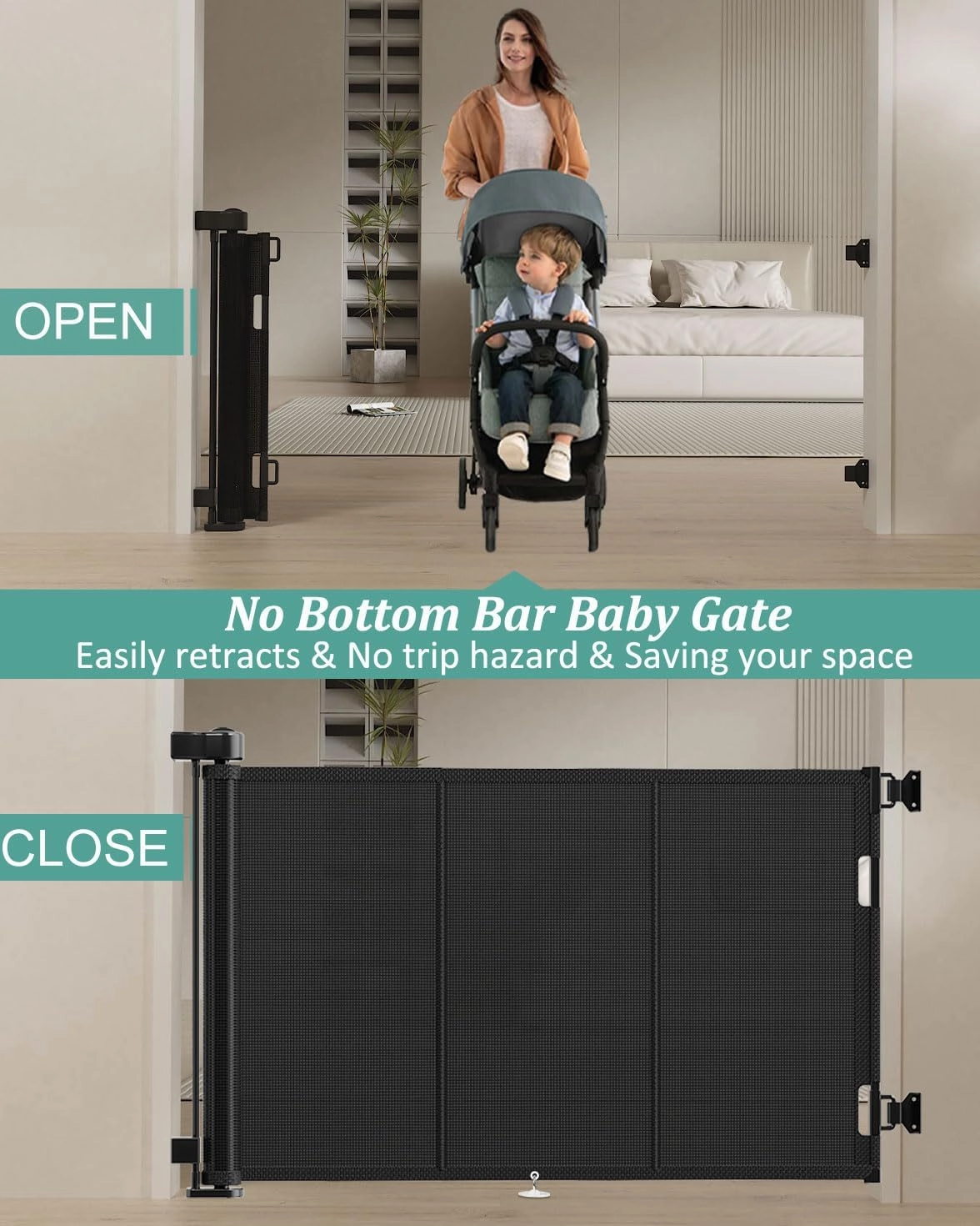 Upgrade 71" Retractable Baby Gates with Reinforced Strip Design to Prevent Crawling Through, 42" Tall Retractable Gate for Baby and Pet, 6 FT Safety Gates for Stairs, Doorways, Hallways