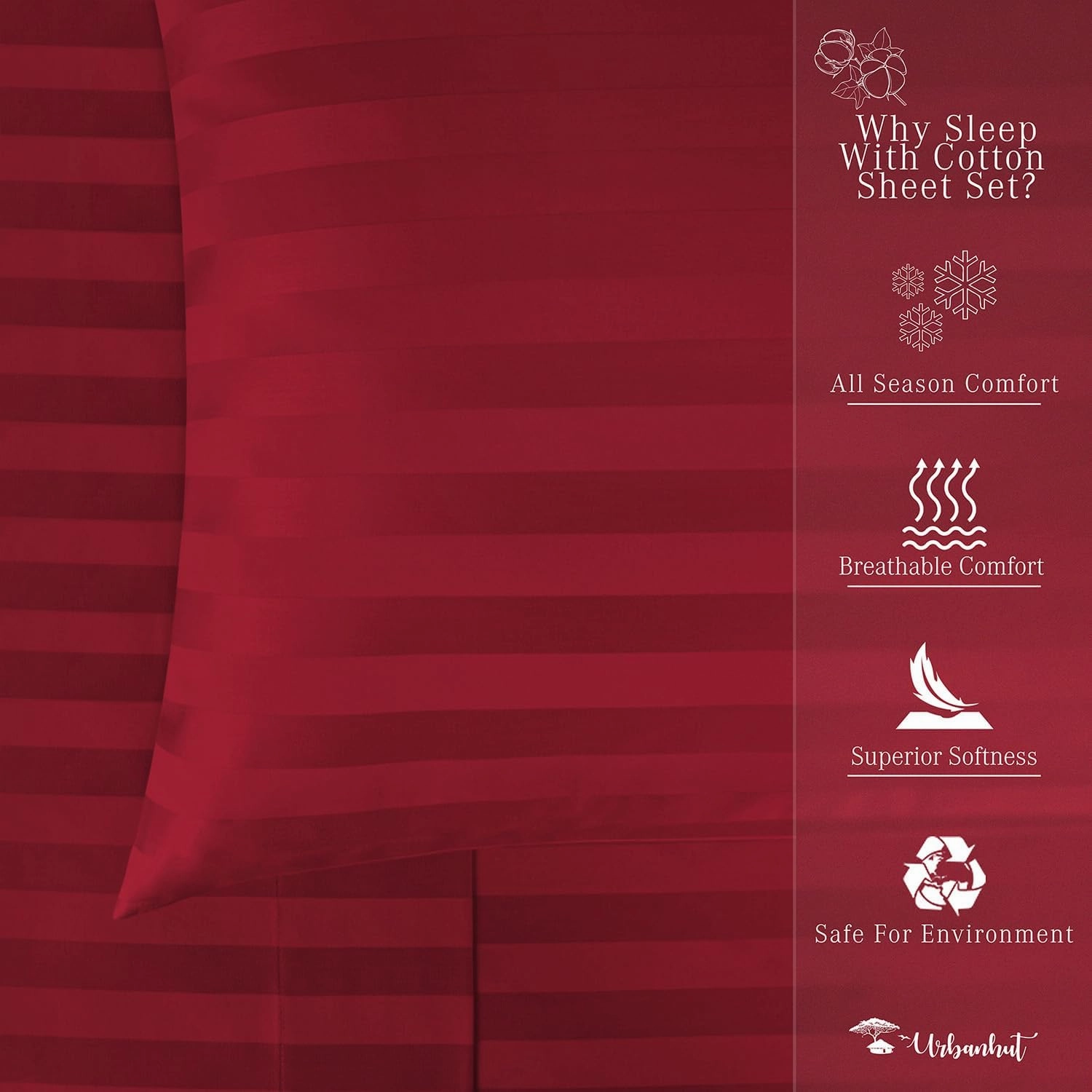URBANHUT 1000 Thread Count Damask Striped King Bed Sheets Egyptian Cotton Sheet Set, Long Staple Soft & Breathable, 4 Pc Bed Sheet Sets, Luxury Hotel Sateen Sheets Fits 16" Deep Pocket - Burgundy