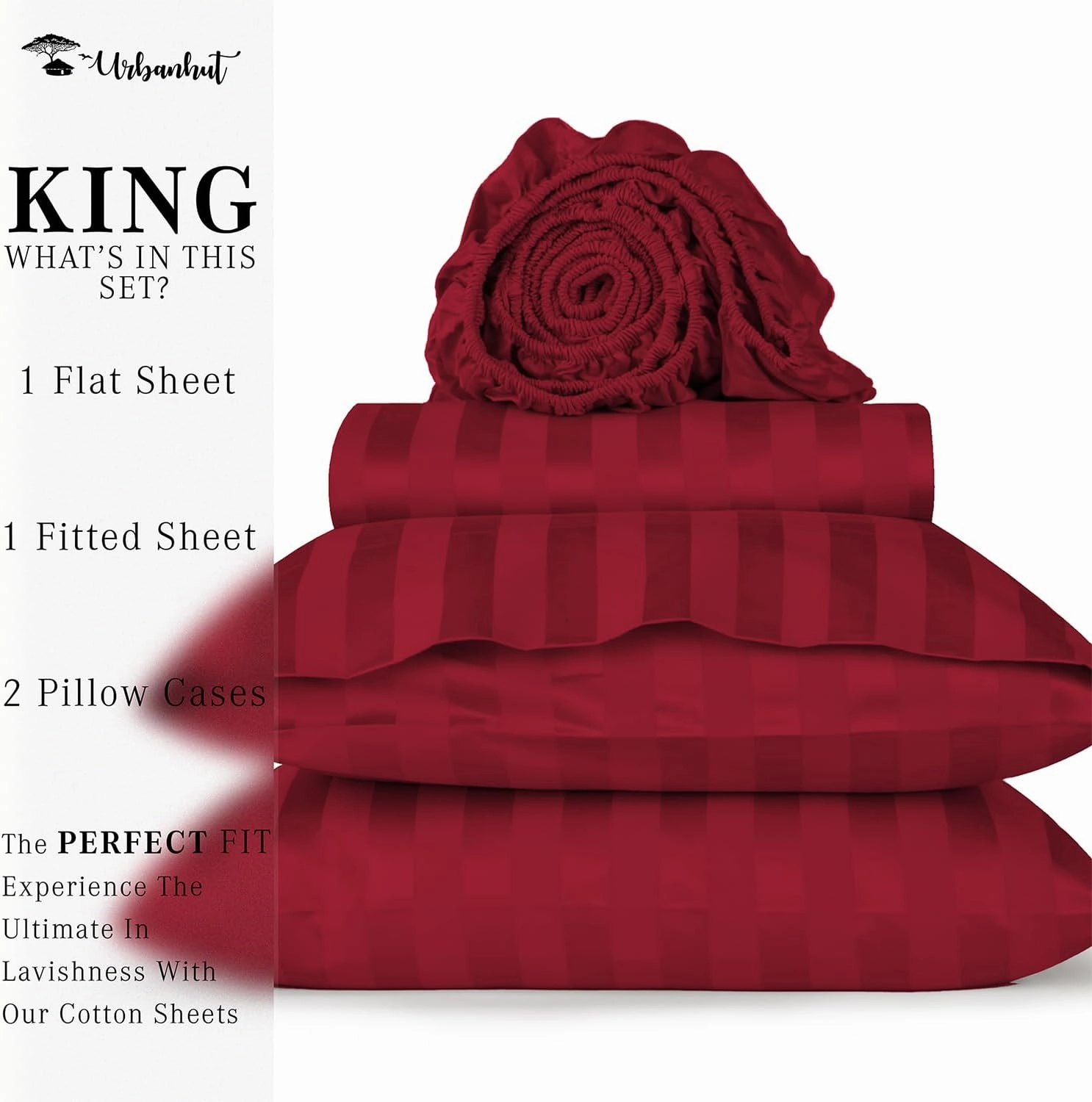URBANHUT 1000 Thread Count Damask Striped King Bed Sheets Egyptian Cotton Sheet Set, Long Staple Soft & Breathable, 4 Pc Bed Sheet Sets, Luxury Hotel Sateen Sheets Fits 16" Deep Pocket - Burgundy