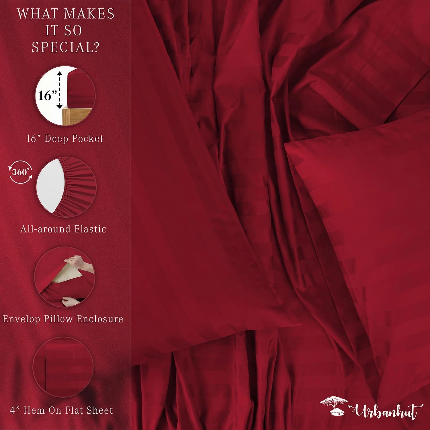URBANHUT 1000 Thread Count Damask Striped King Bed Sheets Egyptian Cotton Sheet Set, Long Staple Soft & Breathable, 4 Pc Bed Sheet Sets, Luxury Hotel Sateen Sheets Fits 16" Deep Pocket - Burgundy