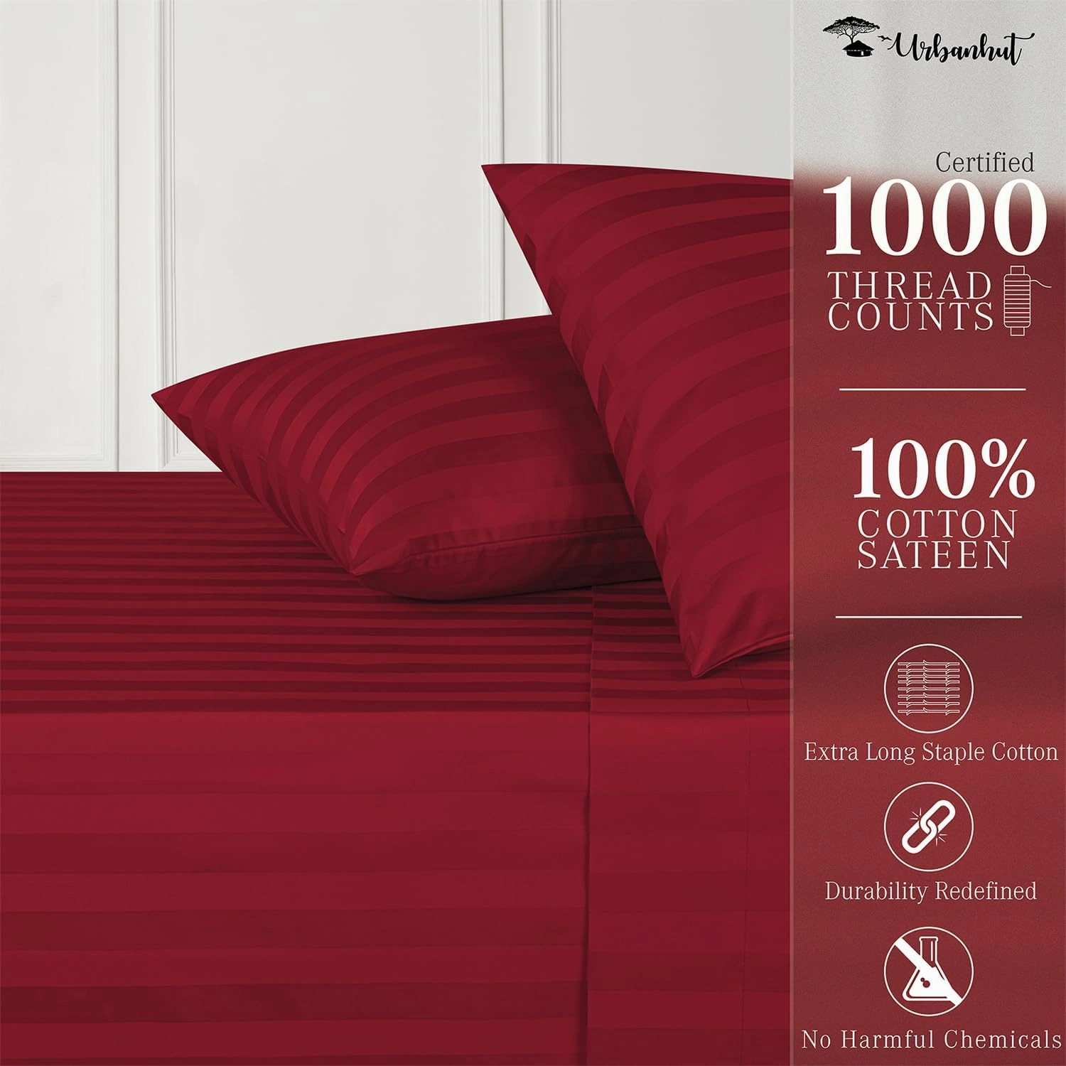 URBANHUT 1000 Thread Count Damask Striped King Bed Sheets Egyptian Cotton Sheet Set, Long Staple Soft & Breathable, 4 Pc Bed Sheet Sets, Luxury Hotel Sateen Sheets Fits 16" Deep Pocket - Burgundy