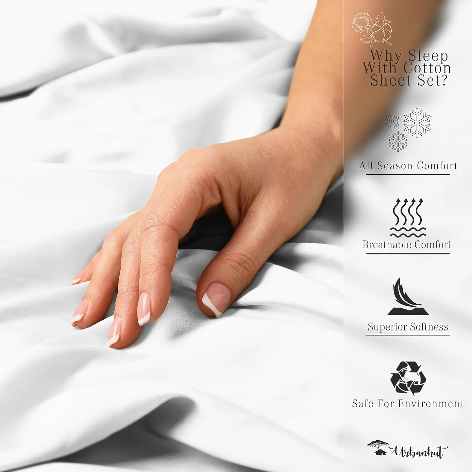 URBANHUT 100% Egyptian Cotton Sheets - 1000 Thread Count Twin White Sheet Set (3Pc), Long Staple Cotton Sheets, All Season Sateen Weave, Luxury Hotel Twin Bedsheets,16" Deep Pocket