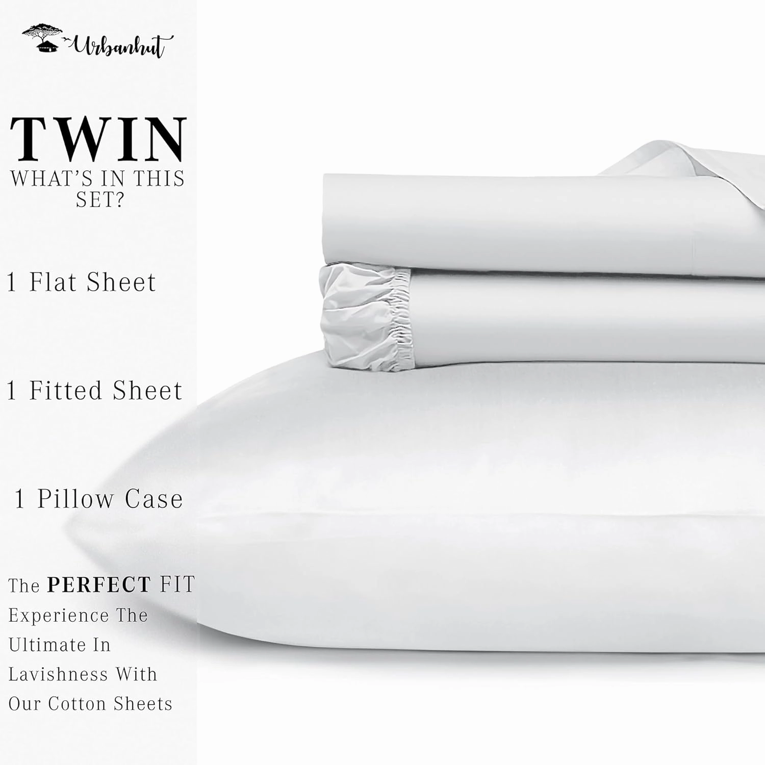URBANHUT 100% Egyptian Cotton Sheets - 1000 Thread Count Twin White Sheet Set (3Pc), Long Staple Cotton Sheets, All Season Sateen Weave, Luxury Hotel Twin Bedsheets,16" Deep Pocket