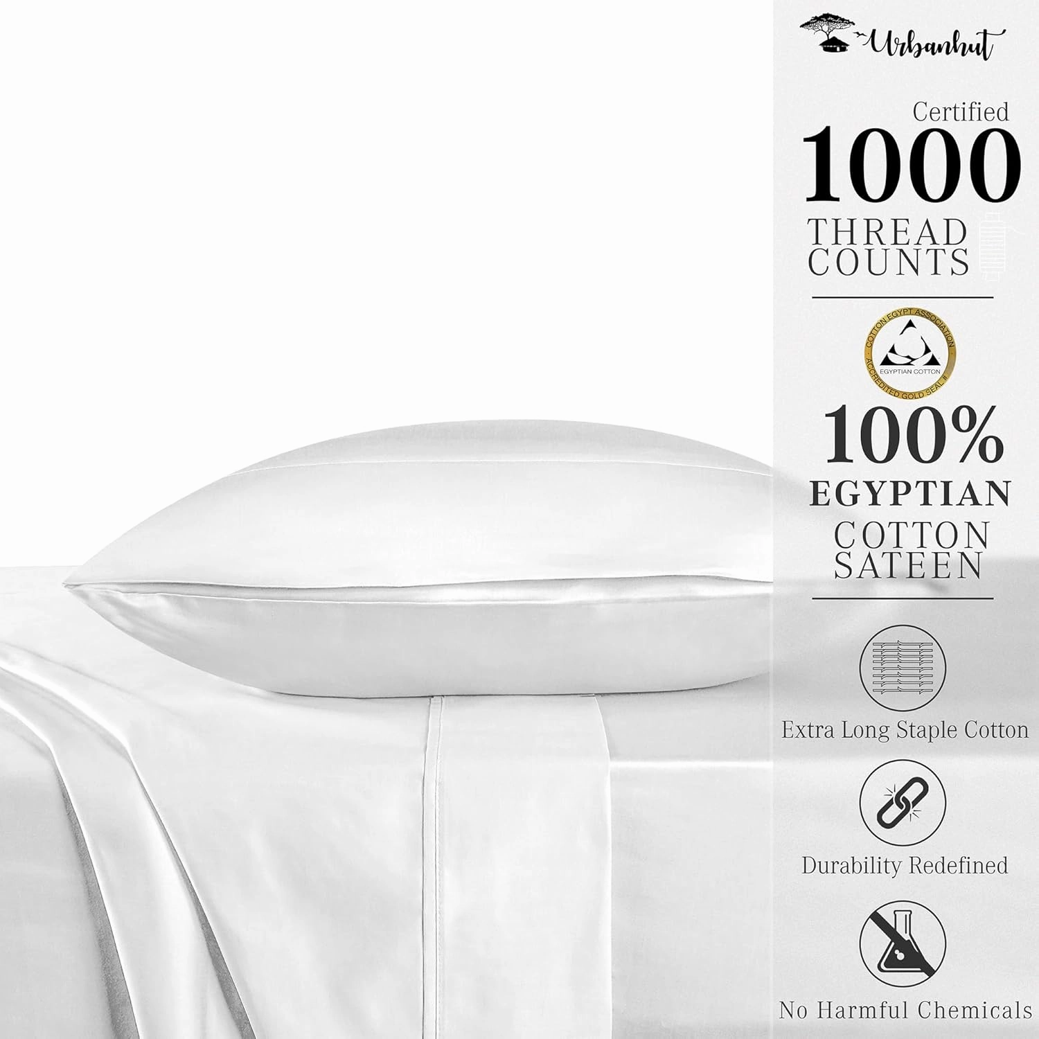URBANHUT 100% Egyptian Cotton Sheets - 1000 Thread Count Twin White Sheet Set (3Pc), Long Staple Cotton Sheets, All Season Sateen Weave, Luxury Hotel Twin Bedsheets,16" Deep Pocket