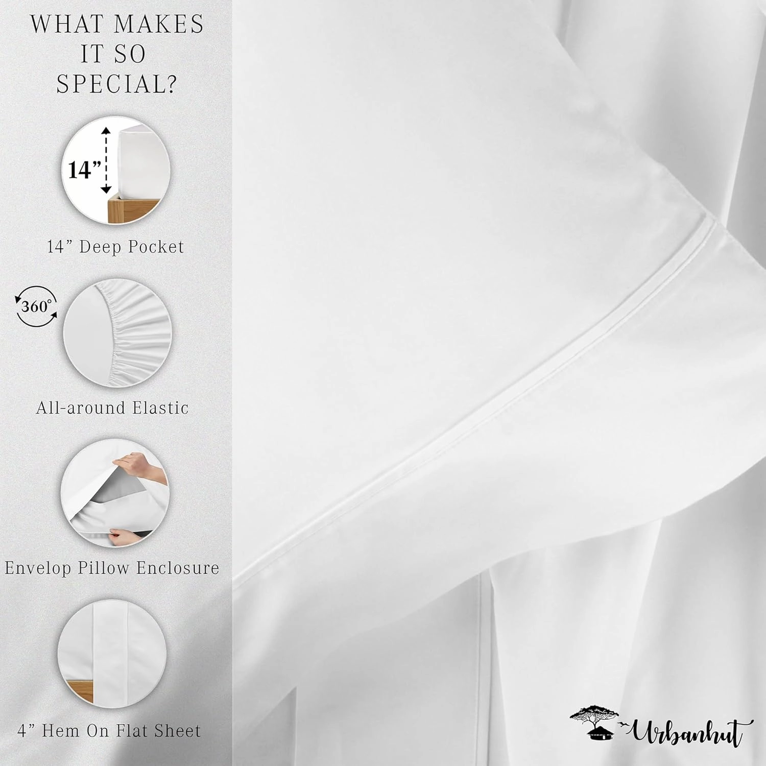 URBANHUT 100% Egyptian Cotton Sheets - 1000 Thread Count Twin White Sheet Set (3Pc), Long Staple Cotton Sheets, All Season Sateen Weave, Luxury Hotel Twin Bedsheets,16" Deep Pocket