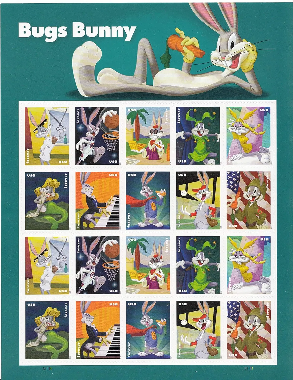 U.S. Forever Postage Stamps Celebrating Bugs Bunny & His Marvelous Masquerades Depicted in 10 Different Classic Costumes Over His 80 Year Career. 1 Pane of 20 Stamps (1 Stamp Sheet (20 Stamps))